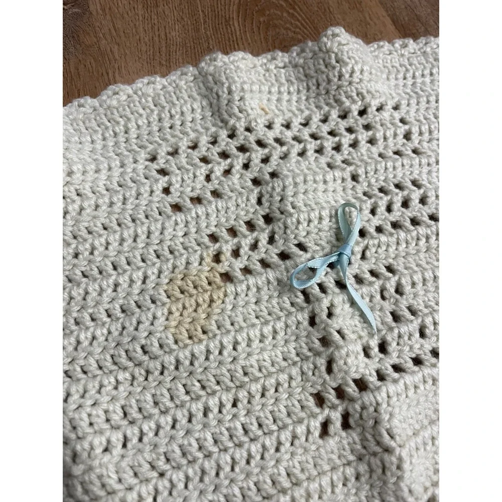 Handmade‎ Crochet Baby Blanket Cream Bows Stroller Crib Nursery Blanket